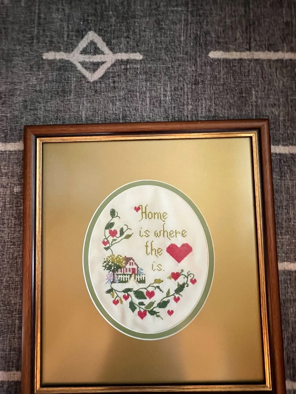 Framed Vintage Cross Stitched Home is Where the Heart Is Wall Art - Gold Brown